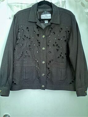 Oleg Cassini Vintage Women's Black Eyelet, Embroidered Detail Jacket